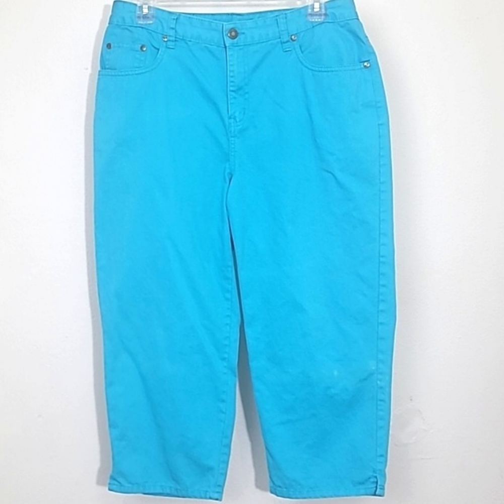 Capris Turquoise blue 100% Cotton denim stretch high waisted rise